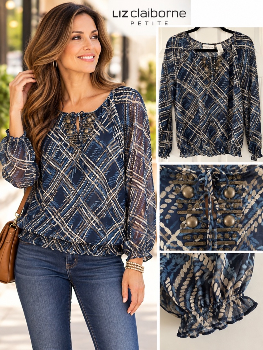 Liz Claiborne Petite Large (PL) Navy Blue Boho Blouse with Embellished Neckline